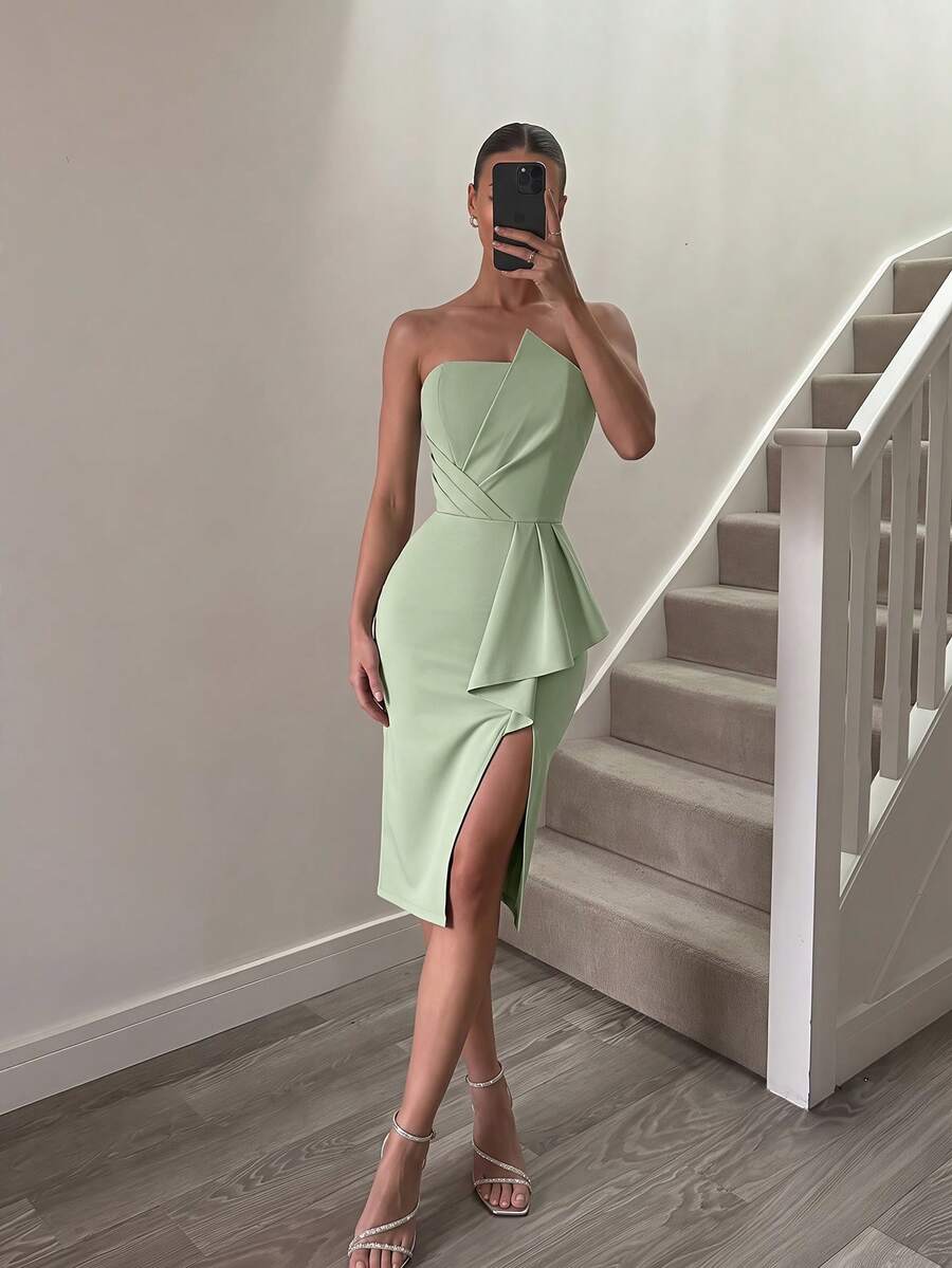 ADYCE Elegante vestido de fiesta sin tirantes con pliegues, volantes asimétricos, abertura alta y espalda descubierta, otoño - Verde - Ver 1