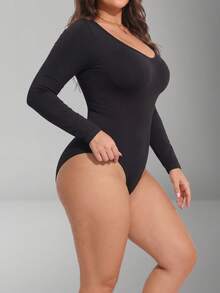 2pcs Plus Size Long Sleeve Shapewear Bodysuit Autumn Winter Thermal Snaps Crotch Tummy Control Body Shaper Tallas Grandes Underwear - Multicolor - View 5