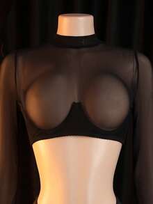 Sexy Alluring Sheer Long Sleeve Top + Panty 2 Pieces Set, Includes Stockings, Extremely Hot Party Outfit - Black - View 5
