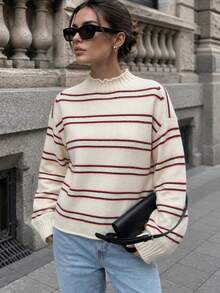 BYGOUBY Fashion Fall Winter Women Striped Pattern Ruffle Mock Neck Drop Shoulder Sweater Long Sleeve Knit Pullover Top Outwear Soft Cozy - Apricot - View 4