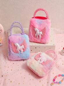 1pc Children's Unicorn Glitter Wing Decor Fluffy Plush Portable Large Capacity Crossbody Bag, Sweet Princess Style Handbag, Suitable For Holidays And Daily Outings - Multicolor - View 3