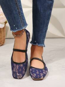 Square Toe Floral Lace Mesh Women's Flat Mary Jane Ballet Shoes, Fashionable, Comfortable, Breathable, Slip-On, Suitable For Casual/Work, Gentle And Elegant - Navy Blue - View 11