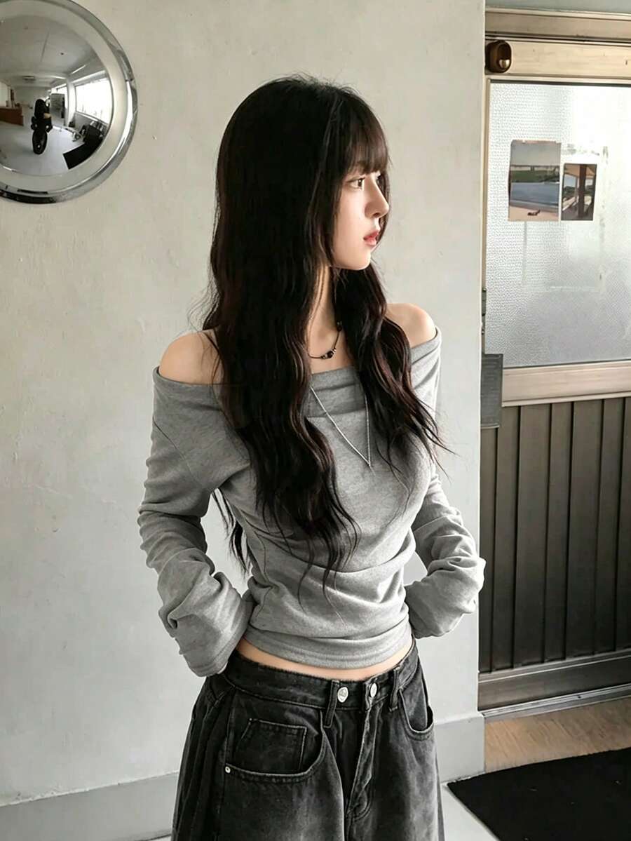 性感修身露肩长袖上衣,女士秋冬休闲款 - 淺灰色 - 查看 1