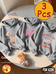 Autumn/Winter 3 Pieces Set Girls Fleece Hoodie With Denim Boots, Decorated With Horseshoe, Bow, Flower, Cow Print Y2K Style - Heather Gray+Heather Gray+Heather Gray - View 2