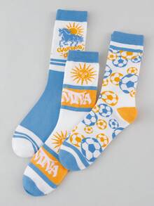 3 Pasang Kaos Kaki Pria Motif Sepak Bola Acak, Kaos Kaki Kasual Setengah Betis Motif Matahari & Sepak Bola Retro untuk Olahraga dan Pemakaian Sehari-hari - MultiWarna - View 4