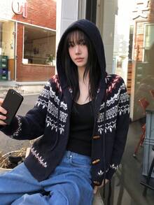 Casual Women's Hooded Cardigan With Toggle Closure Long Sleeve Regular Length Fair Isle Print Rib-Knit Hem For Winter Outfits - Black - View 2