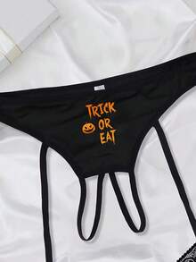 Celana Dalam G-String Wanita Seksi Bertali Terbuka Tanpa Bisa Dilepas, Motif Huruf Liburan, Tali Kaki Renda Nyaman, Pakaian Dalam yang Dipersonalisasi - Hitam - View 2