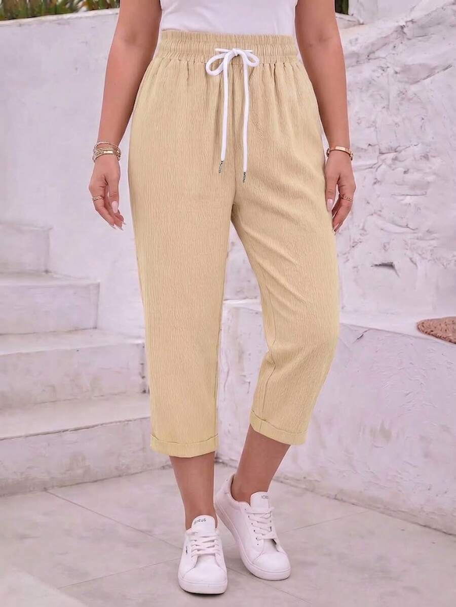 Jisfaneya Women's Plus Size Casual Solid Color Capris, Elastic Waistband With Drawstring And Pockets - Khaki - View 1