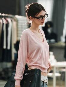 Baby Pink Loose Chunky Knit Sweater, Soft Girl Style Korean Comfortable Winter Date Outfit Pullover - Pink - View 1