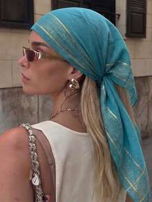 1pc Sky Blue Gold Line Plaid Square Scarf, Y2K Sequin Headscarf, Bohemian Style Party Gift For Women - Sky Blue - View 1