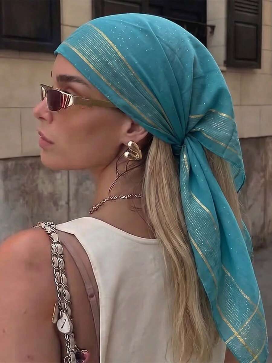1pc Sky Blue Gold Line Plaid Square Scarf, Y2K Sequin Headscarf, Bohemian Style Party Gift For Women - Sky Blue - View 1