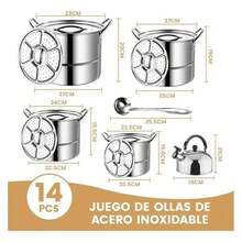 Juego de Ollas 14 Piezas con Vaporeras, Tapas de Vidrio, Tetera y Cucharón, Batería de Cocina Completa para el Hogar - Ver 7