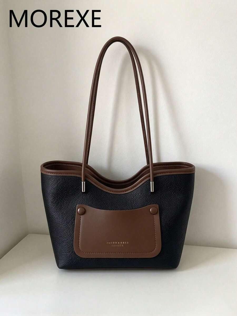 Vintage Colorblock Faux Leather Tote Bag, Front Pocket Design Large Capacity Shoulder Handbag, Suitable For Daily Commute