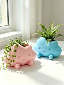 3D Printed Cute Cloud Character Planter, Soft Smiling Face With Little Feet Design, Suitable For Succulents, Prayer Beads And Other Green Plants. Multiple Macaron Colors, Healing Desktop Flower Pot, Fun Potted Plant Decoration For Windowsill And Office - Multicolor - View 5