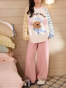 Gongdie 2 Pieces Disney Roo Women Fleece Pajama Sets,Winter Pink Thick Loungewear With Raglan Sleeves And Pocket - Pink - View 4