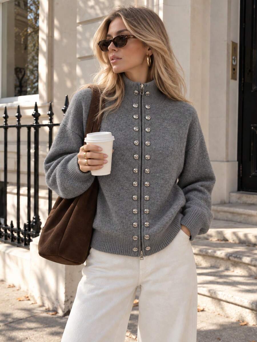 Women's Ribbed Hem Knitted Sweater With Double Zipper & Button Details, Drop Shoulder Stand Collar Long Sleeve Top For Fall & Winter Daily Wear - Dark Grey - View 1