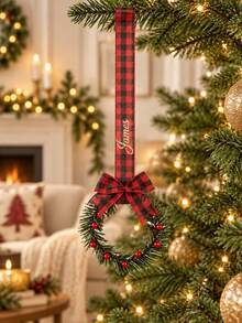 1pc Custom Text Wreath Ribbon Hanging Ornament, Bow & Berry Detail Embroidered Christmas Decor, 5 Style Alternatives, Holiday Tree & Tabletop Display, Thoughtful Gift For Friends And Housewarming Recipient - Multicolor - View 8