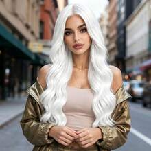 28 Inch White Long Curly Wig, Middle Part, No Bangs, Heat-Resistant Synthetic Fiber, Fashionable And Elegant, Natural Styling, Voluminous And Versatile, Suitable For Cosplay, Christmas, Music Festival, Daily Wear For All Women - White - View 5