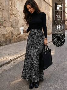 EARO Plus Size Women's Flowy Elegant Ditsy Floral Midi Skirt, Versatile - Black - View 3