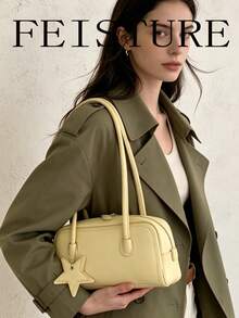 1pc FEISTURE Spring/Summer New PU Bowling Bag, Fashionable Star Shoulder Bag, Zipper Closure, (Follow Store To Get Star Pendant), Suitable For Girls, Women, College Students, Young Professionals, Great For Work, Business, Commute, School - Yellow - View 3