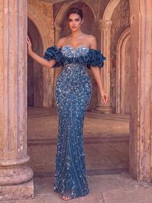 Women's Eye-Catching Sequin Mermaid Long Dress, Fitted Strapless Evening Gown With Pearl And Ruffle Details, Suitable For Formal Occasions - Teal Blue - View 5