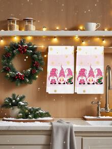 2pcs Pink Christmas Tree And Ornament Print Kitchen Towels, Holiday Dish Cloths, Suitable For Kitchen Cleaning & Christmas Decor - Pink - View 4