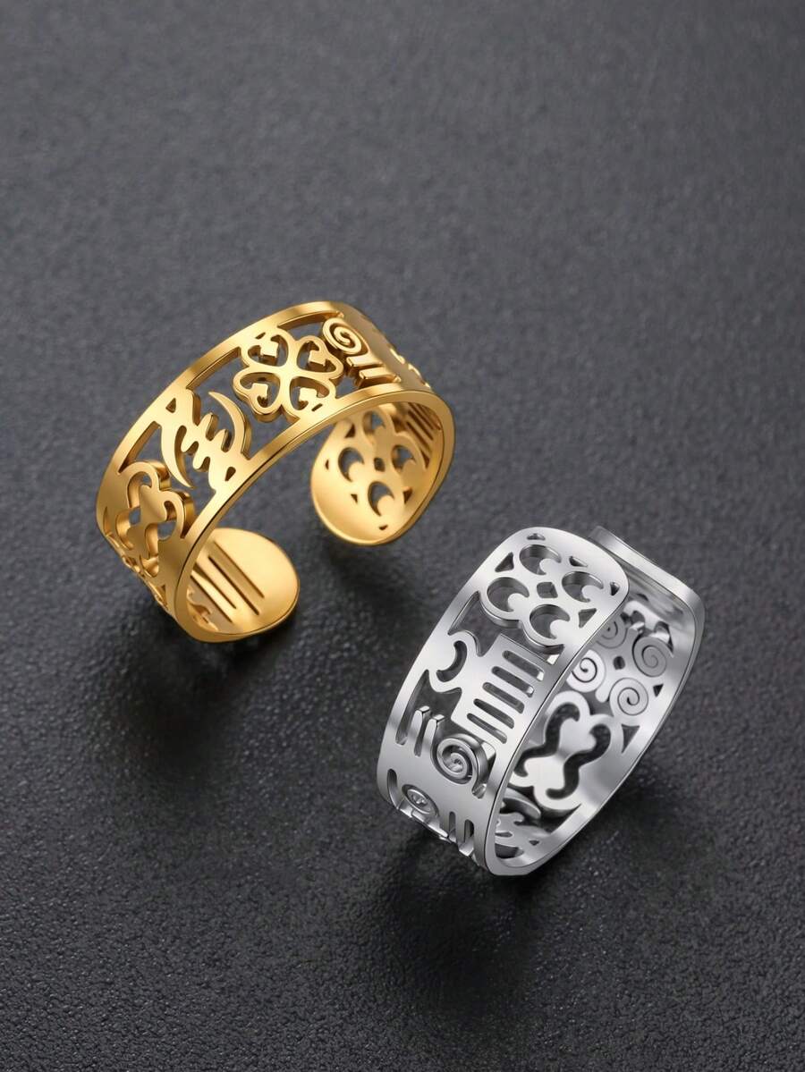LIKGREAT 1pc Adinkra African Symbol Hollow Open Ring, Unisex Vintage Stainless Steel Adjustable Finger Ring - Fashion Series - View 1