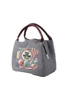 Handbag With Yarn, Scissors And Knitting Needles Print, Suitable For Storing Sewing Tools, Cosmetics And Small Personal Items. Multiple Fresh Striped Color Options, Suitable For Handmade Enthusiasts And Commuters, Artistic Handmade Healing Style, Perfect As A Practical Creative Gift For Girls Who Love Knitting And Sewing - Multicolor - View 14