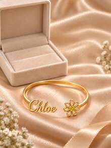 [ZzAi Custom]Personalized Sunflower Birthstone Bracelet, Customizable Birthstone Color And Name, Open Cuff Bracelet, Stainless Steel Material, Never Fade, Comes With Gift Box, Perfect As Daily Gift - Sunflower - View 3