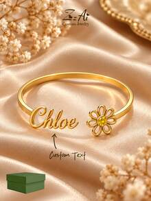 [ZzAi Custom]Personalized Sunflower Birthstone Bracelet, Customizable Birthstone Color And Name, Open Cuff Bracelet, Stainless Steel Material, Never Fade, Comes With Gift Box, Perfect As Daily Gift - Sunflower - View 1
