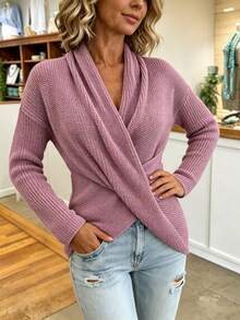 Women's Elegant Plain-Coloured Cross-Over Design Fall Sweater - Pink - View 8