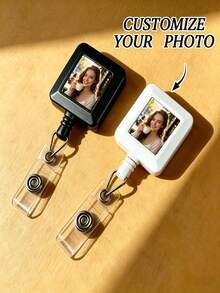 2D Personalized Photo Retractable Badge Holder (Black/White), Square Retractable Badge Clip/Card Holder Accessory, Suitable As A Gift For Nurses, Teachers And Office Staff - Multicolor - View 5