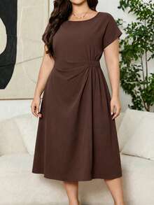 Casual Solid Color Knot Twist Ruffle Hem Long Dress For Women, Suitable For Wedding And Formal Evening Events - Brown - View 1