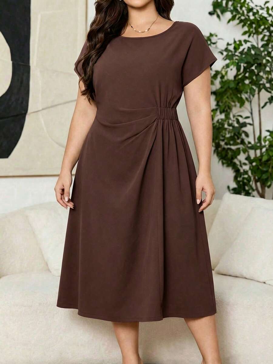 Casual Solid Color Knot Twist Ruffle Hem Long Dress For Women, Suitable For Wedding And Formal Evening Events - Brown - View 1