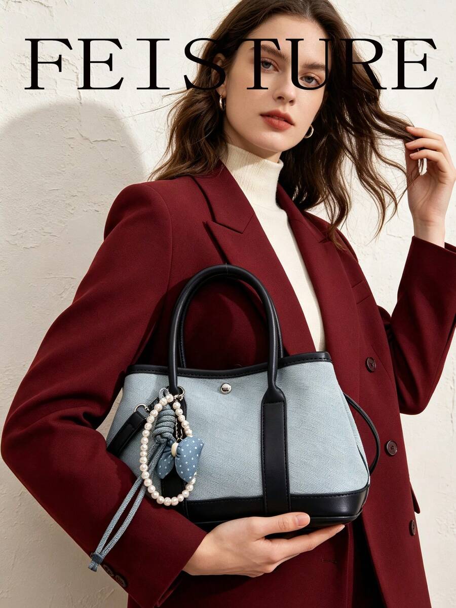 Fashion Color Block Women's Handbag With Detachable Shoulder Strap, Suitable For Girls, Ladies, College Students, Young Professionals, And Office Workers, Great For Work, Business, Commuting, And School - Blue - View 1
