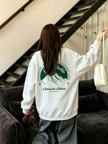 Vintage Green Mountain Slogan Print Oversized Grey Sweatshirt, High Street Vibe Long Sleeve Autumn Top - White-gray - View 7