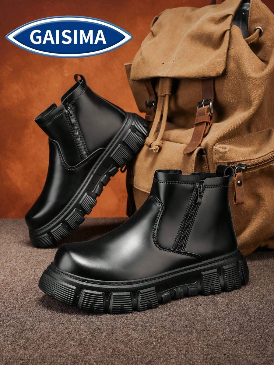 GAISIMA Men's Thick Sole Boots British Style Motorcycle Boots High-Top Leather Boots All-Season New Boots Outdoor Boots - Black - View 1