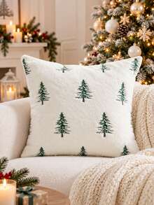 Christmas Decorative Faux Fur Pillowcase, Perfect For Festive Home Decor In The Sofa, Bedroom, And Living Room, Embroidered Christmas Tree Cushion, Winter Sofa Cover, Suitable For Everyday Use, Parties, Halloween, Christmas, And More. - Green Christmas Tree - View 2