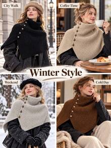Stylish High-Neck Knitted Wrap Shawl Featuring An Asymmetrical Cut And Side Button Detailing; Warm, Comfortable, And Versatile For Stylish Layering Across All Seasons. - Multicolor - View 8