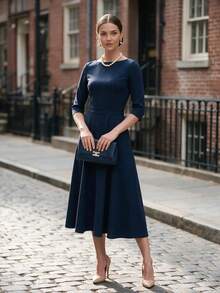 Women Boat Neck Dress 3/4 Sleeve A Line Flared Hem Elegant Apparel For Fall Winter Daily Commuting Going Out Dating - Royal Blue - View 3