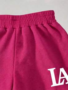 Young Girl Letter Print Hoodie And Sweatpants Set - Hot Pink - View 5