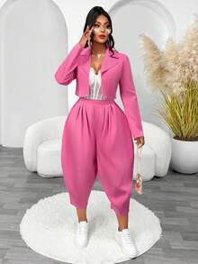 Fashion Pink Women's Suit Set, Short Lapel Blazer With Pleated Harem Pants, Regular Sleeves, Autumn Party 2 Pieces Set, Suitable For Daily, Commute, Holiday Fashion Occasions - Pink - View 7