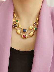 European And American Niche Vintage Colorful Double-Layer Matte Necklace, Luxury High-End Vintage Layered Collarbone Chain - Gold - View 2