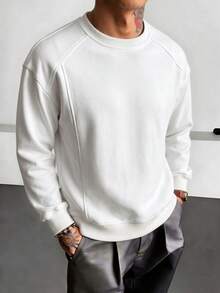 Blueprint Man 1pc Men's White Raglan Crew Neck Long Sleeve Sweatshirt, 280g Heavyweight Draping Fabric, Soft & Smooth Skin-Friendly Material, Loose Raglan Sleeve Fit, Flattering For All Body Types, Minimalist Casual Home Style, Autumn/Winter Inner Layer, Machine Washable, Daily Commute & Outdoor Wear, Old Money Style - White - View 1