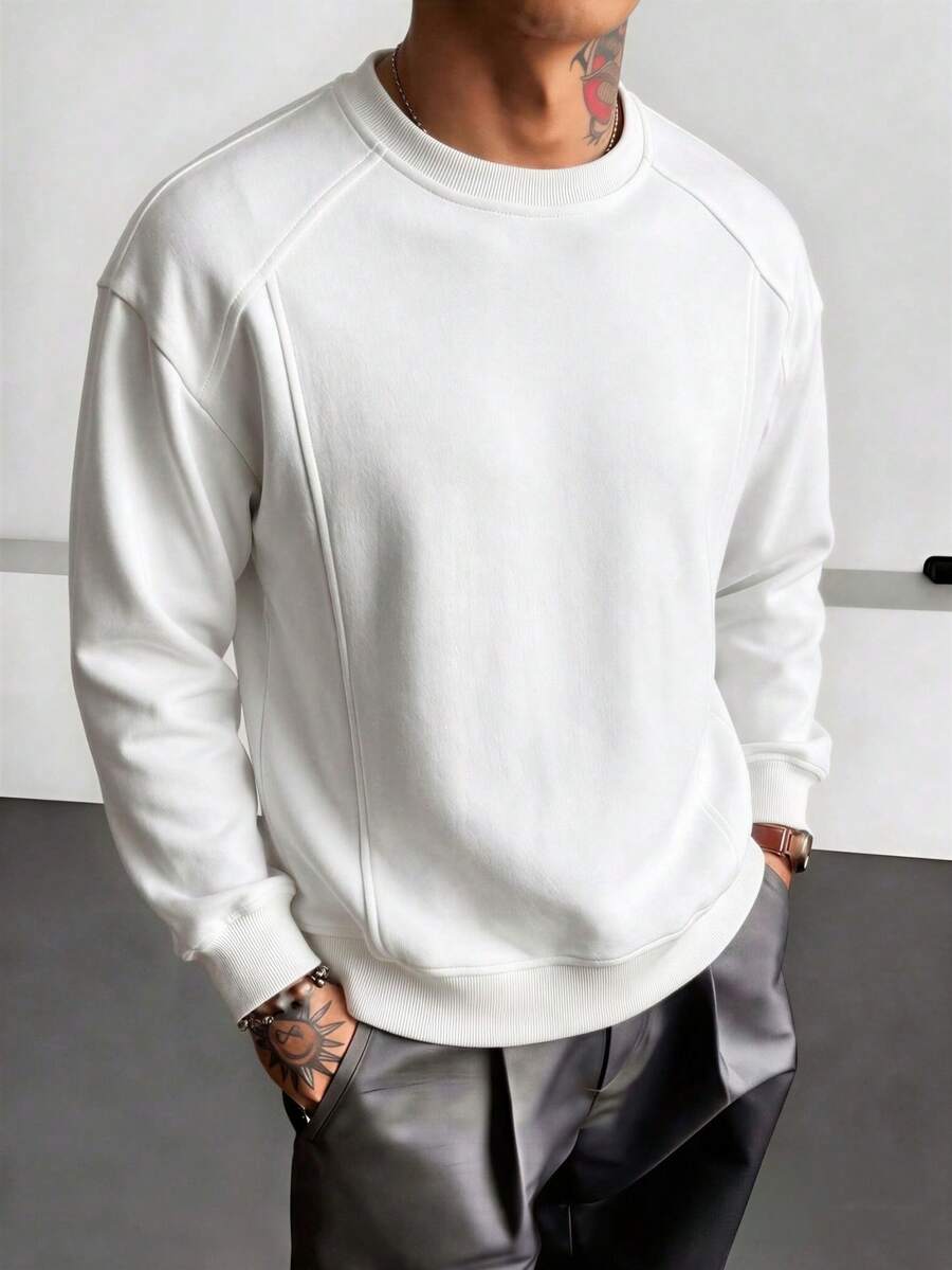 Blueprint Man 1pc Men's White Raglan Crew Neck Long Sleeve Sweatshirt, 280g Heavyweight Draping Fabric, Soft & Smooth Skin-Friendly Material, Loose Raglan Sleeve Fit, Flattering For All Body Types, Minimalist Casual Home Style, Autumn/Winter Inner Layer, Machine Washable, Daily Commute & Outdoor Wear, Old Money Style - White - View 1