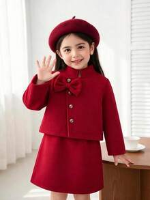 2pcs Young Girls Autumn/Winter Single-Breasted Top With Bow And Skirt Set With Beret - Red - View 2