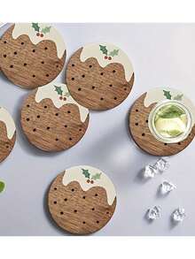 8/4/1pc Christmas Pudding Wooden Coasters - Featuring Custom Festive Designs,Perfect For Home,Office,Cafe,Or Tea Room Decor And Holiday Table Settings.Heat-Resistant Coasters,Kitchen Accessaries,Christmas Housewarming Gift,Christmas Table Decor - View 3