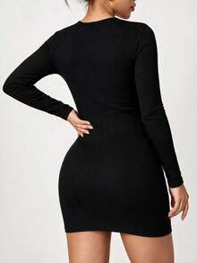 1pc All-Season Square Neck Ribbed Long Sleeve Extended Length 2-In-1 Built-In Padded Minimalist Slim Fit Casual Yoga Sports Jacket For Women Black - Black - View 2