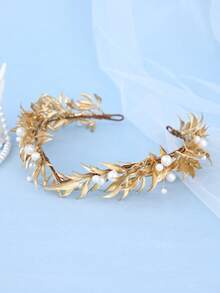 Minimalist Gold Leaf Pearl Bridal Headband Wedding Hair Accessories Women Bride For Prom Party Photo Shoot - Gold - View 5