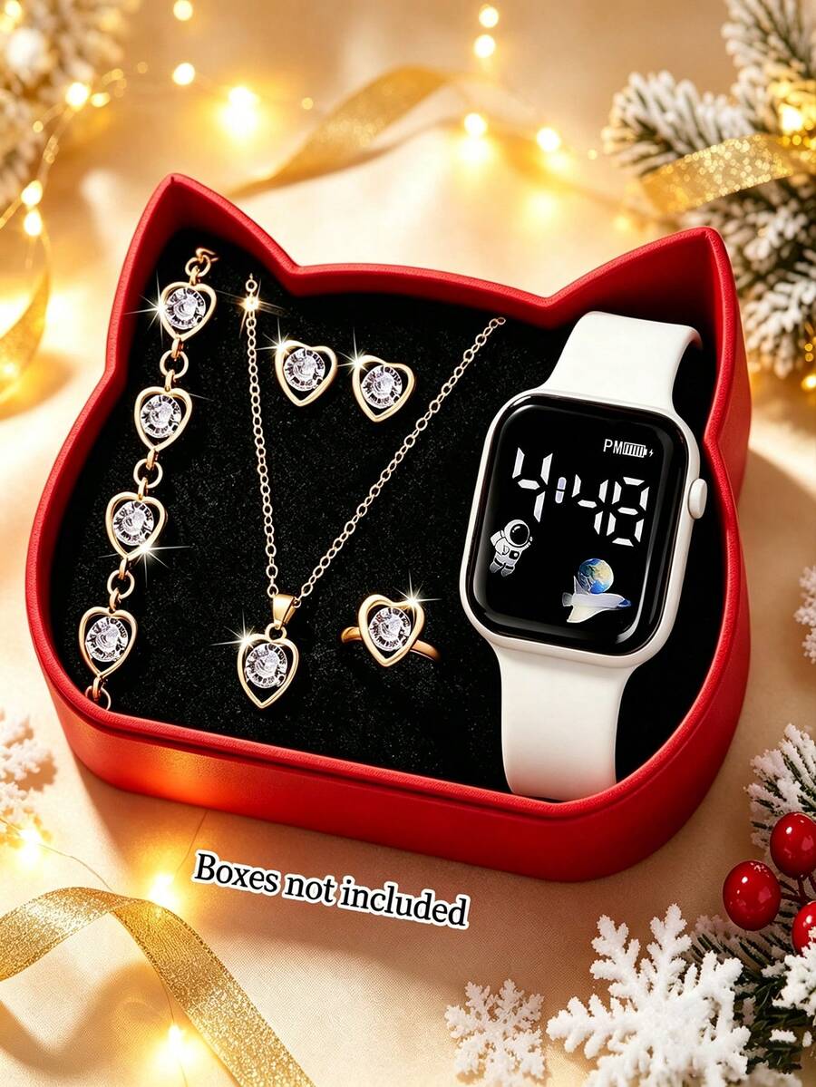 6Pcs/Set Children's Watch Fashion Square LED Digital Luminous Display Watch With Purple Bracelet, Necklace, Ring, Earrings Set, Fashion Item For Students To Take Photos, Attend Parties, Visit Attractions, Also A Great Gift Choice For Girls On Holidays And Birthdays (Gift Box Not Included) - Multicolor - View 1
